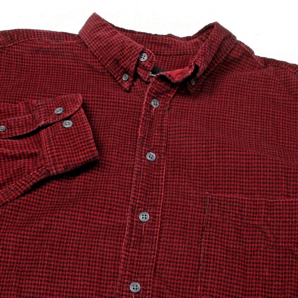 Eddie Bauer Corduroy Button Down Shirt Men XL Tall Red Black Micro Check Cotton*
